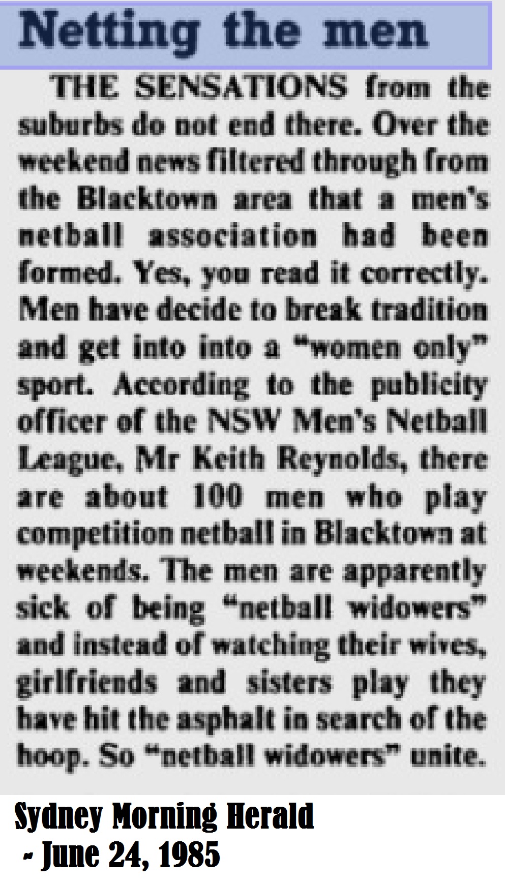 SMH June24 1985 Netting the men